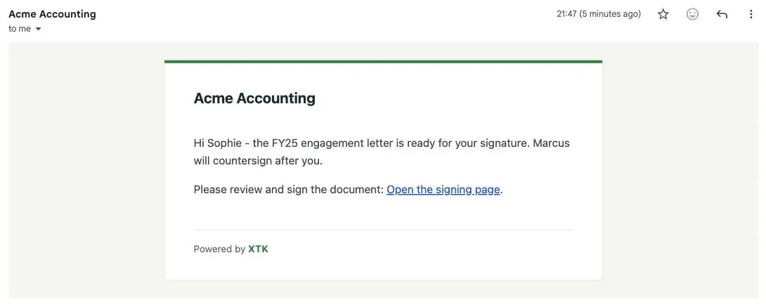 The e-signature invitation email a client receives from XTK, showing the practice's name, a short message and the Open the signing page link