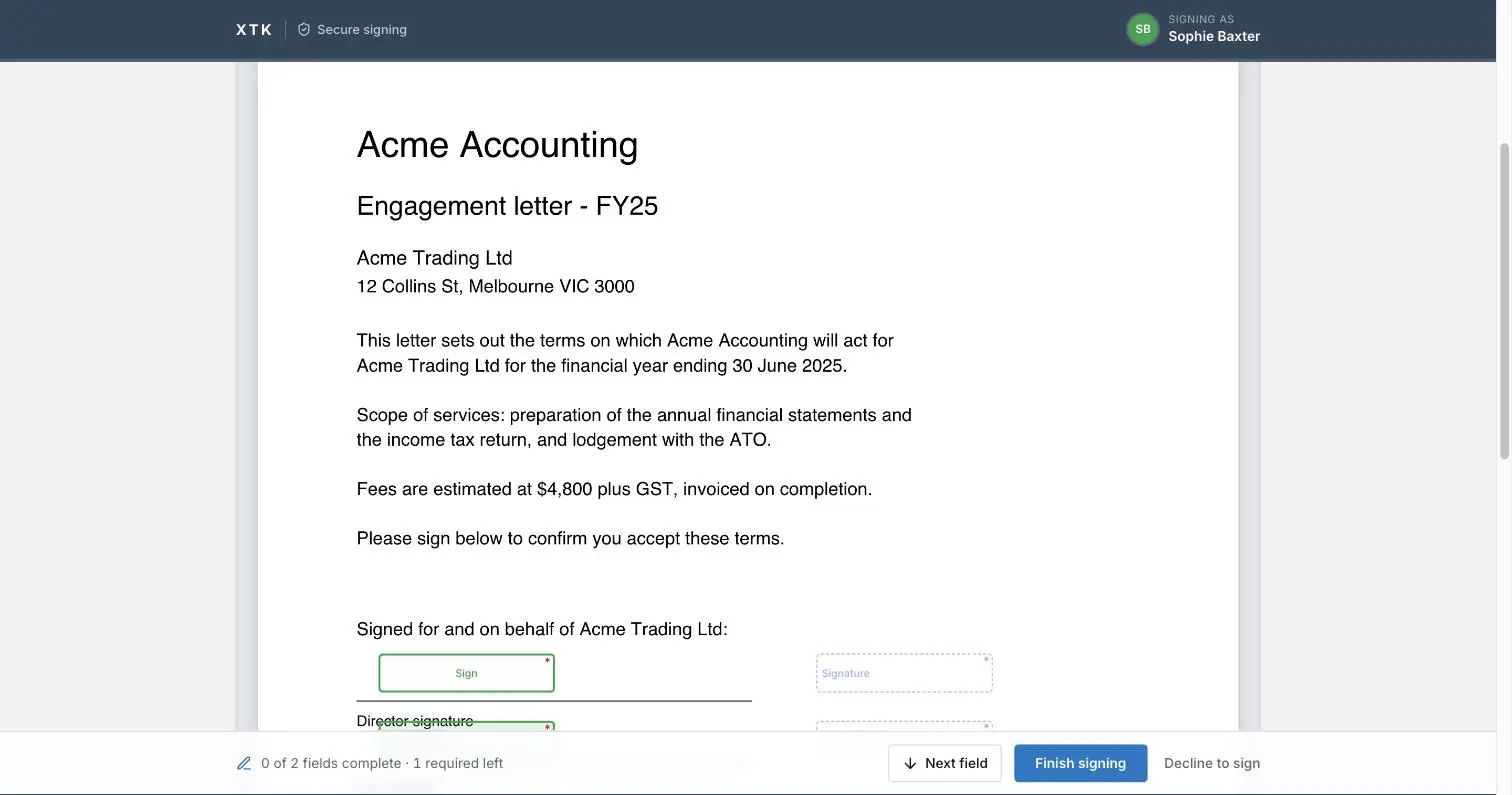 XTK's client signing page showing the Signing as bar, the request subject, a stacked PDF and colour-coded signature and date fields ready to fill
