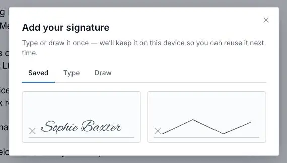 The Saved tab of XTK's Add your signature dialog, offering a typed and a drawn signature kept on the signer's own device for reuse