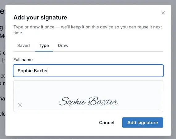 The Type tab of XTK's Add your signature dialog previewing a typed name in a handwriting face on a ruled signing line
