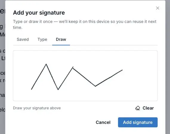 The Draw tab of XTK's Add your signature dialog with a signature drawn on the pad and a Clear button beside it
