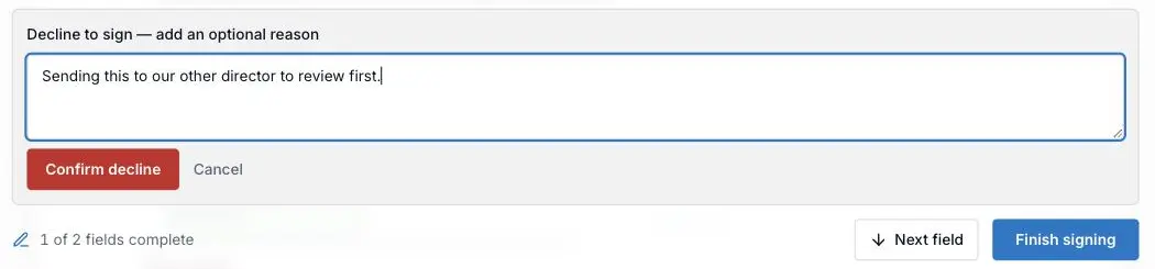 The decline panel on XTK's signing page, offering an optional reason before a client confirms they will not sign