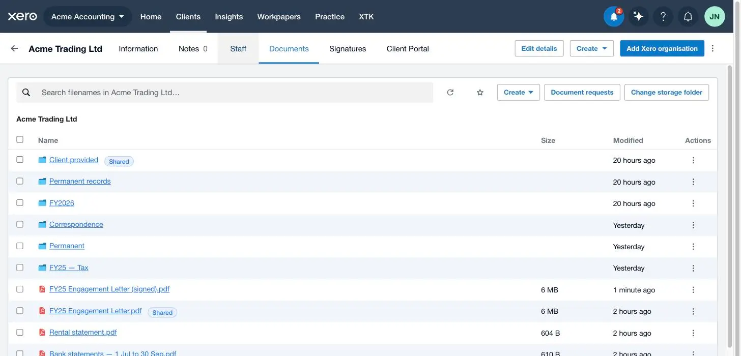 The client's Documents tab in Xero Practice Manager showing the new signed PDF filed beside the original engagement letter after e-signature completion
