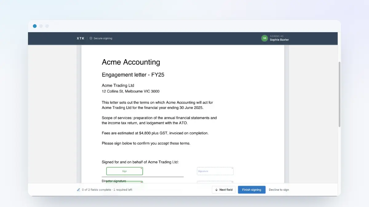 XTK's signing page open in a browser with a signature field on an engagement letter, showing how clients sign documents online without an account