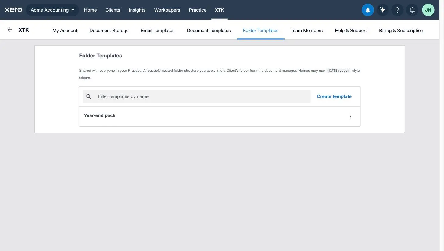 The Folder Templates tab in the XTK panel for Xero Practice Manager listing the practice's shared folder templates with a filter box and Create template button