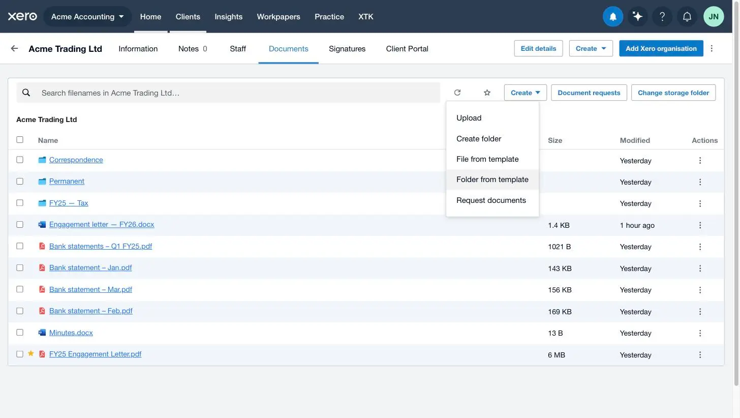 The Create menu in XTK's Documents tab in Xero Practice Manager with Folder from template highlighted