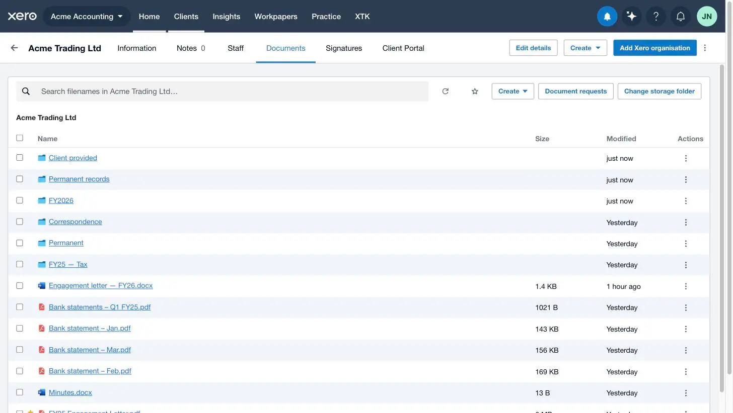 The client's Documents tab in Xero Practice Manager showing the standard client folder structure created from an XTK folder template