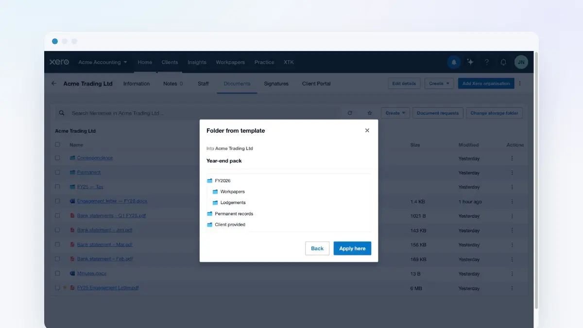 XTK's Folder from template dialog in Xero Practice Manager previewing a standard client folder structure before it is applied