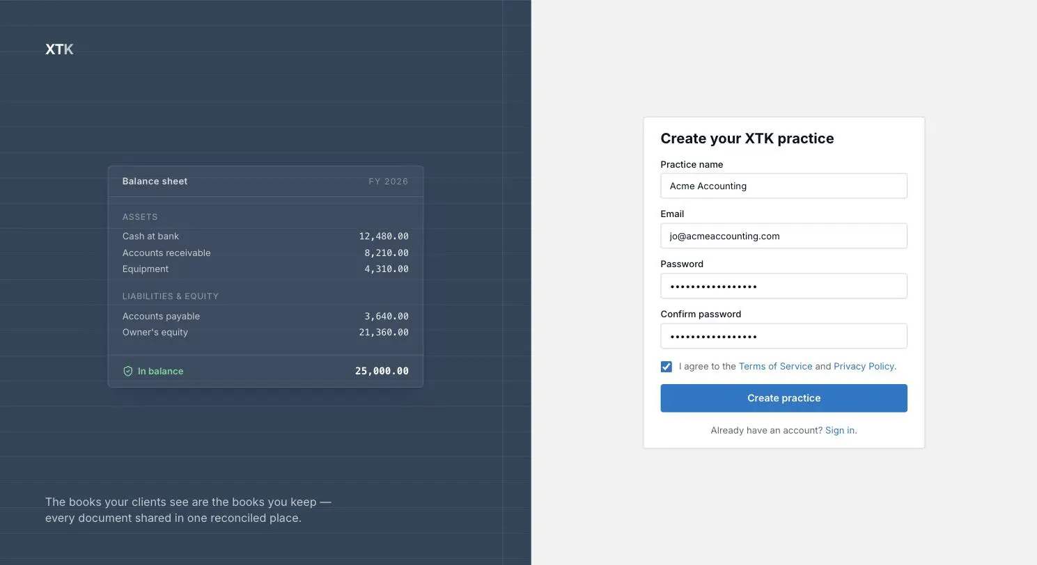 The Create your XTK practice registration form filled in with a practice name, email and password
