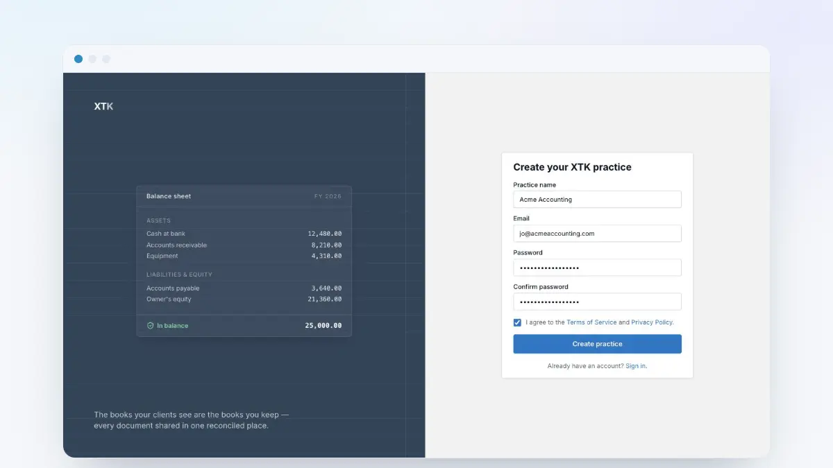 The XTK practice registration form, framed in a browser window