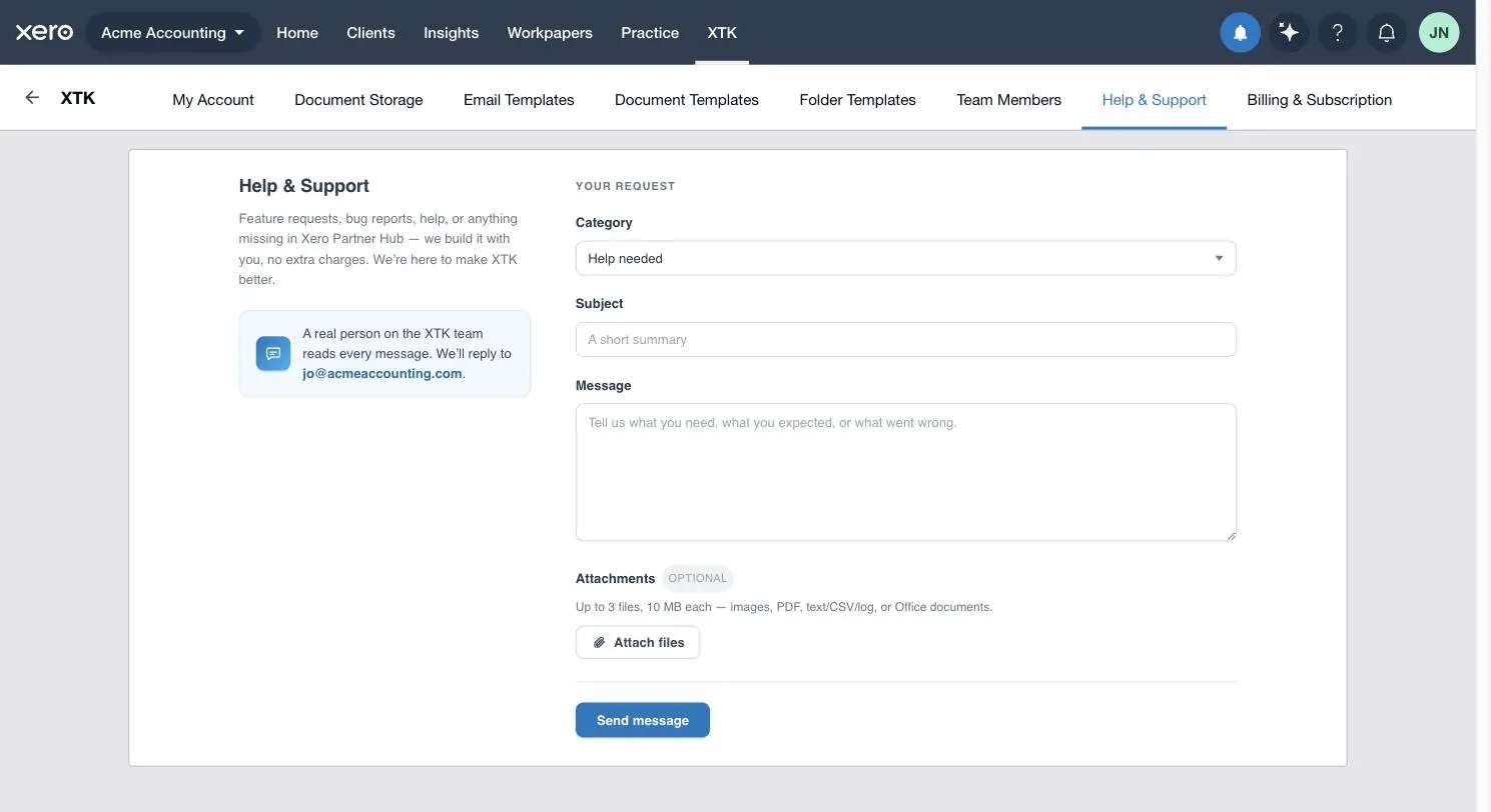The Help & Support tab in the XTK panel, showing the Category, Subject and Message fields, the attachments field and the Send message button