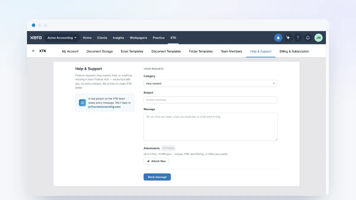 The Help & Support tab in the XTK panel, with the Category, Subject and Message fields ready for a question about data handling