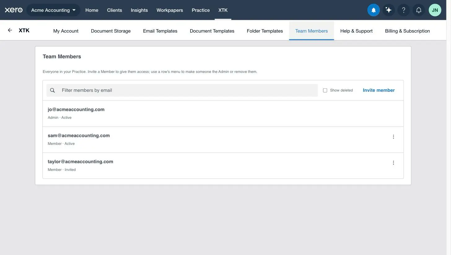 The Team Members tab in the XTK panel listing team members with roles and statuses, a filter box, a Show deleted toggle and an Invite member button