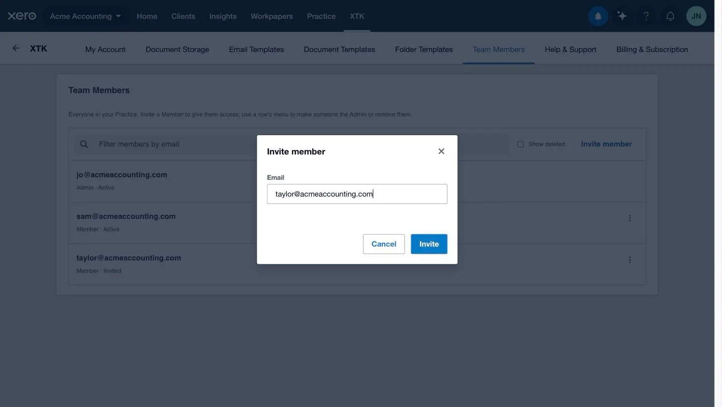 XTK's Invite member dialog with an email address filled in, ready to add team members to the practice