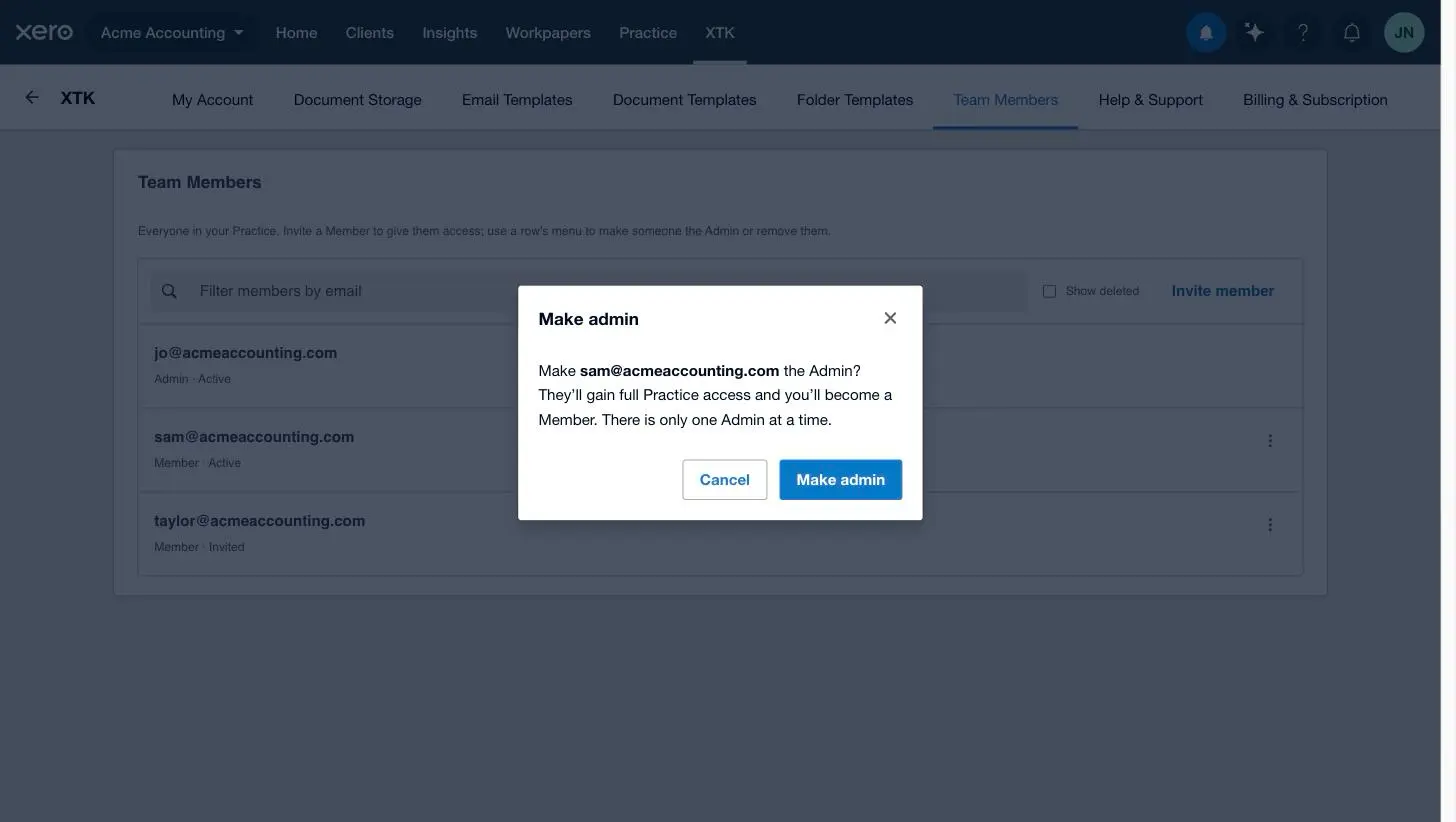 XTK's Make admin confirmation dialog explaining that the chosen member gains full practice access and the current Admin becomes a Member