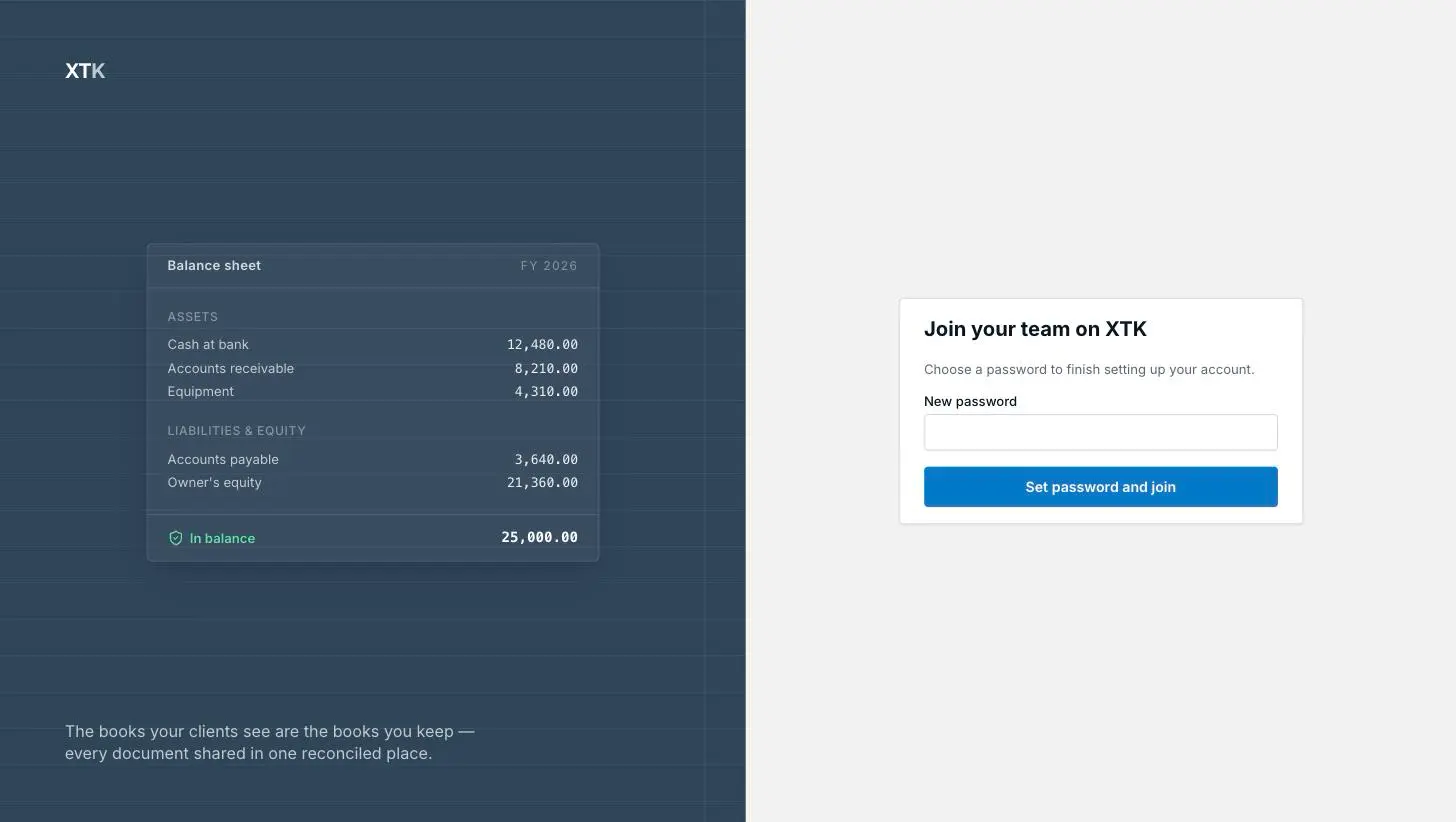 The Join your team on XTK page where an invited team member sets a password to finish creating their account