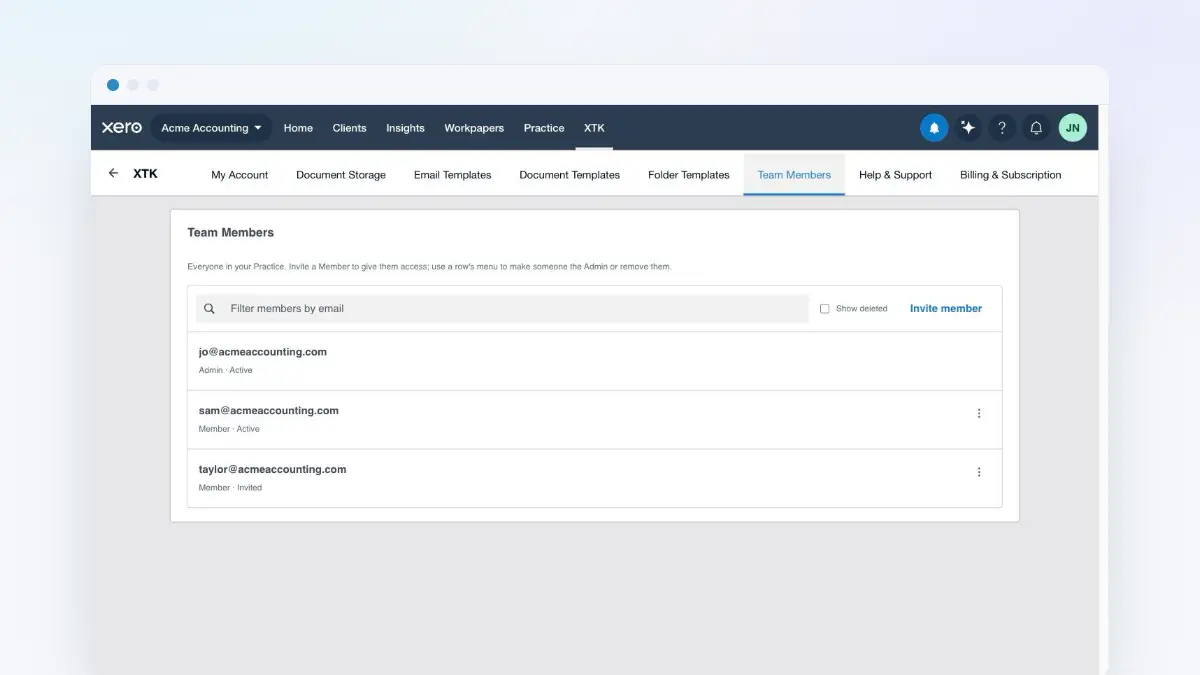 The XTK Team Members tab in Xero Practice Manager showing a roster of team members with their roles and statuses