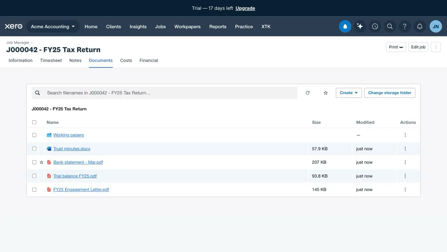 XTK's Documents tab open on job J000042 in Xero Practice Manager, listing a Working papers folder and three files with sizes and modified dates