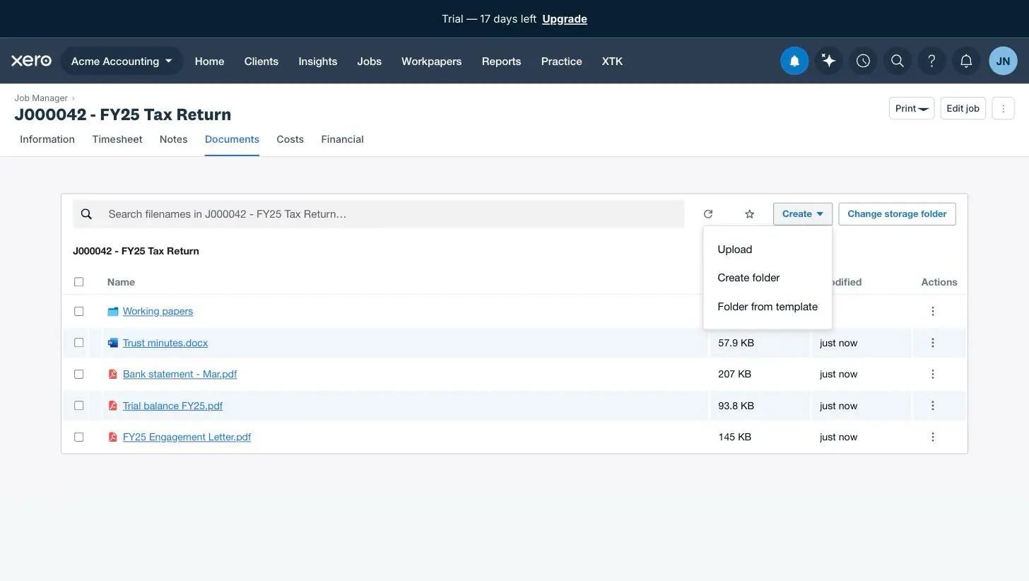 The Create menu open on a job's Documents tab in Xero Practice Manager, offering Upload, Create folder and Folder from template