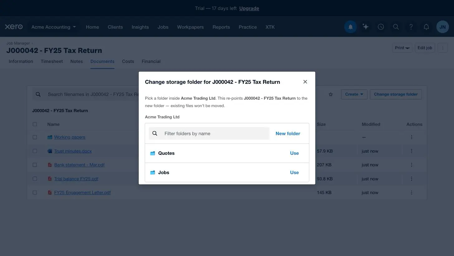 The Change storage folder dialog for a job in Xero Practice Manager, rooted at the client's folder and listing the Quotes and Jobs layers