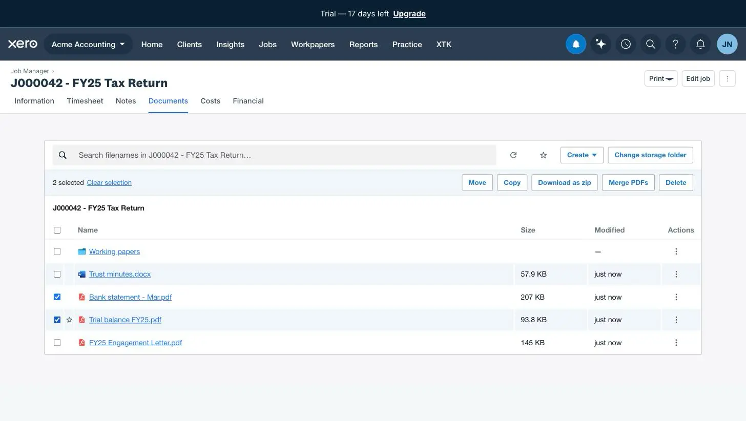 Two PDFs selected on a job's Documents tab in Xero Practice Manager, with the selection bar showing Move, Copy, Download as zip, Merge PDFs and Delete