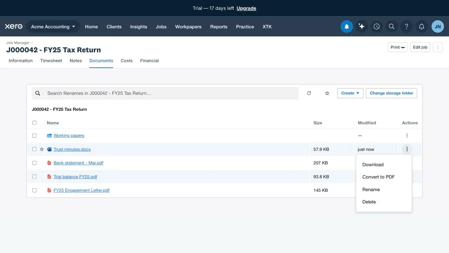 The row menu on a Word document in a job's Documents tab in Xero Practice Manager, offering Download, Convert to PDF, Rename and Delete