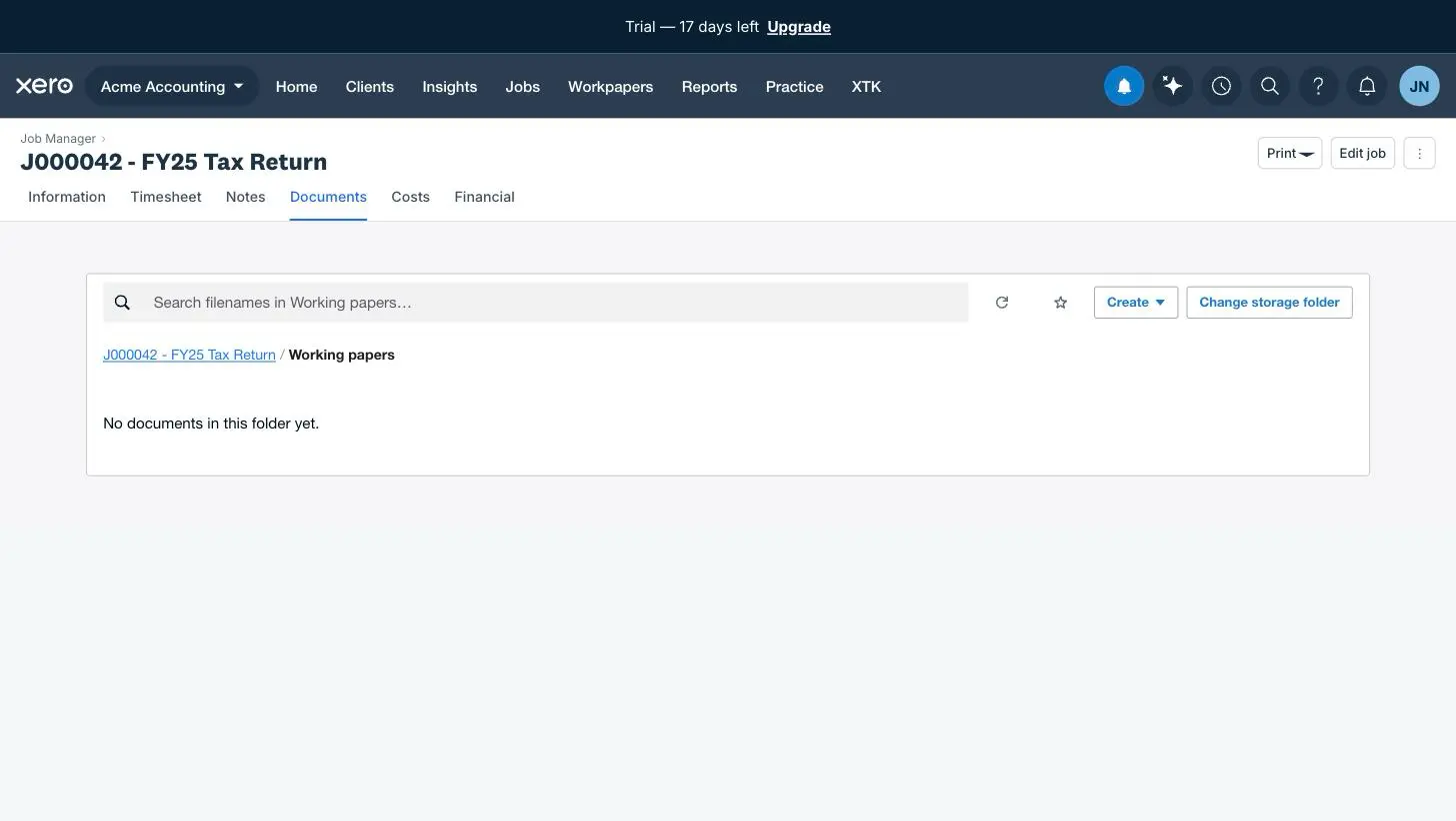A subfolder open inside a job's Documents tab in Xero Practice Manager, with a breadcrumb back to the job folder
