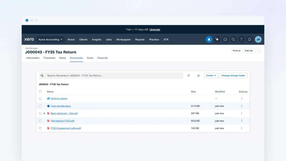 XTK's Documents tab open on a job in Xero Practice Manager, listing the job's working papers, bank statement and engagement letter