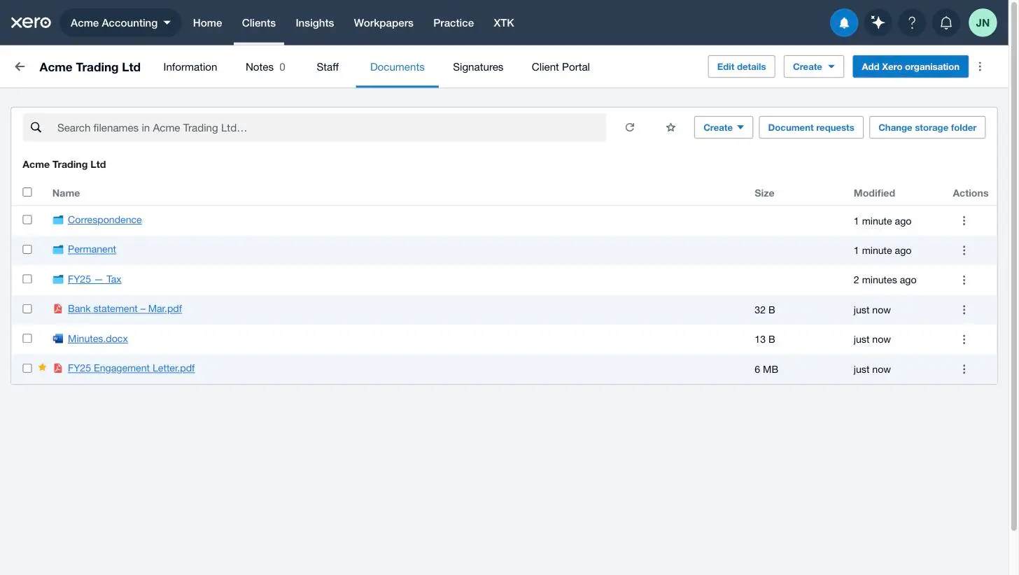 The XTK Documents tab on a client page in Xero Practice Manager, showing folders and files with sizes, modified dates, a search box and the Create menu
