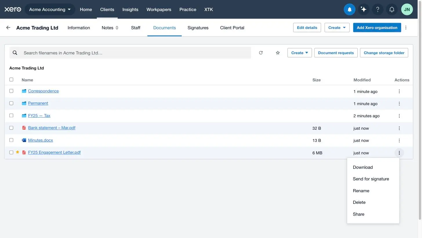 The per-row actions menu on a PDF in XTK's Documents tab, showing Download, Send for signature, Rename, Delete and Share