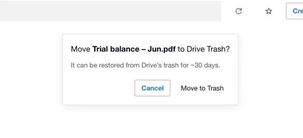 XTK's delete confirmation dialog offering Move to Trash, noting the file can be restored from the storage provider's trash for about 30 days