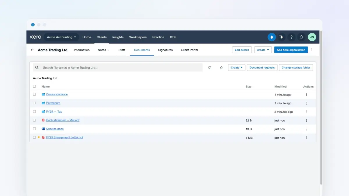 The XTK Documents tab on a client in Xero Practice Manager, listing folders and files with sizes and modified dates