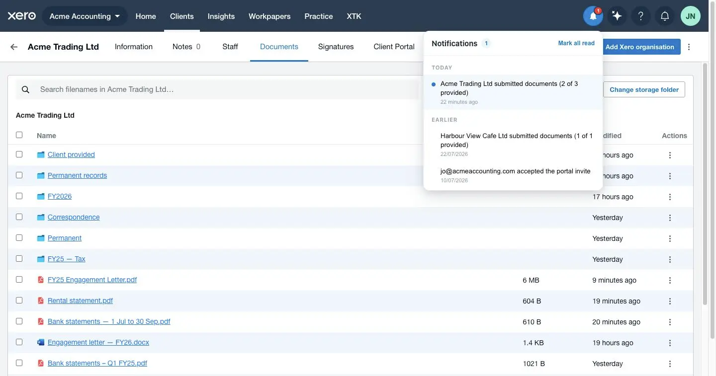 The XTK notifications bell open in Xero Practice Manager showing the tray of unread notifications grouped under Today and Yesterday, with the Mark all read link