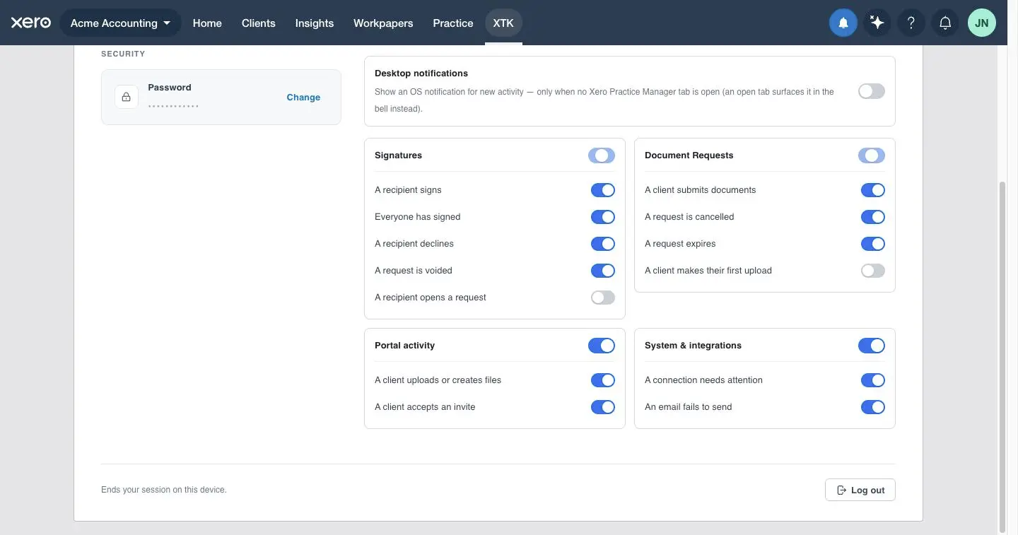 The four groups of XTK notification settings — Signatures, Document Requests, Portal activity and System and integrations — with their 13 per-type switches