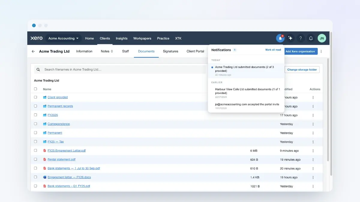 The XTK notifications bell open in Xero Practice Manager, showing a tray of unread signature, document request and client portal activity grouped by day