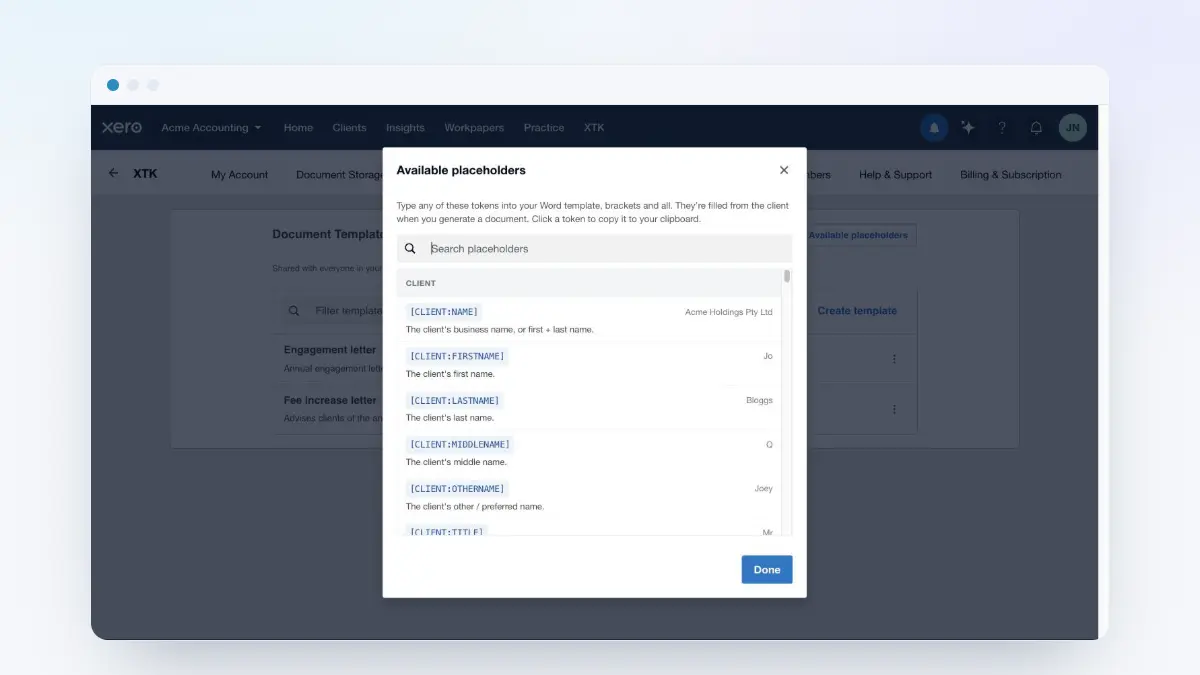 XTK's searchable Available placeholders reference dialog listing client, contact and date tokens with sample values