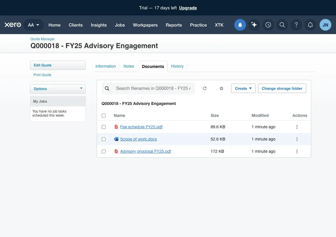 XTK's Documents tab open on quote Q000018 in Xero Practice Manager, listing a proposal, a fee schedule and a scope of work with sizes and modified dates