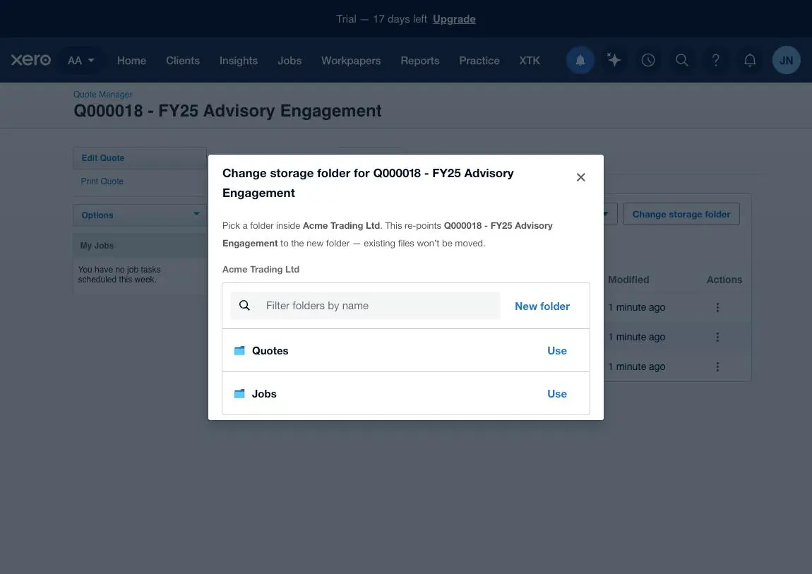 The Change storage folder dialog for a quote in Xero Practice Manager, rooted at the client's folder and listing Quotes and Jobs side by side