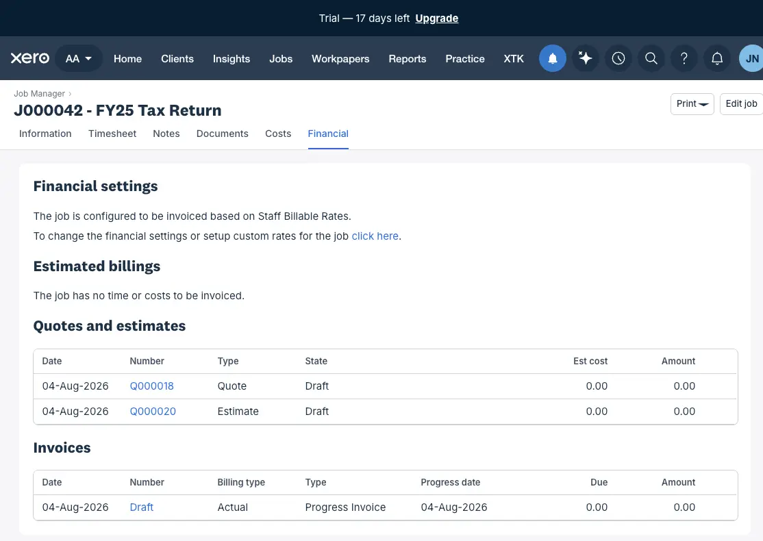 The Financial tab of a job in Xero Practice Manager, showing a Quotes and estimates table with one Quote and one Estimate, both numbered Q0000…