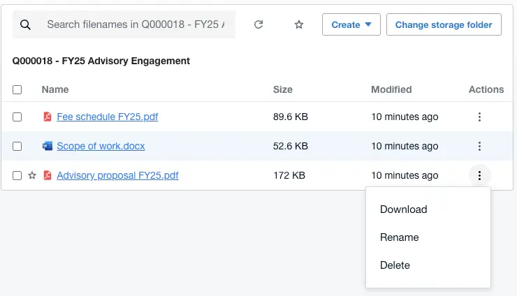 The row menu on a PDF in a quote's Documents tab in Xero Practice Manager, offering only Download, Rename and Delete