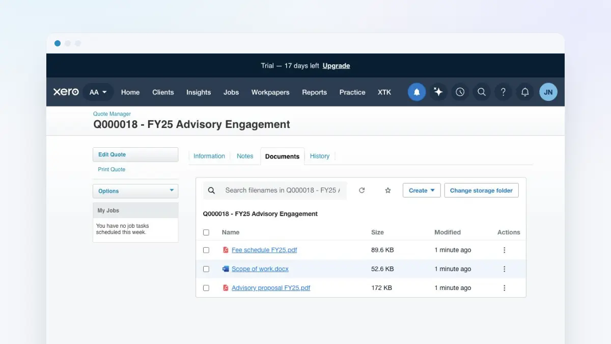 XTK's Documents tab open on quote Q000018 in Xero Practice Manager, listing the proposal, fee schedule and scope of work