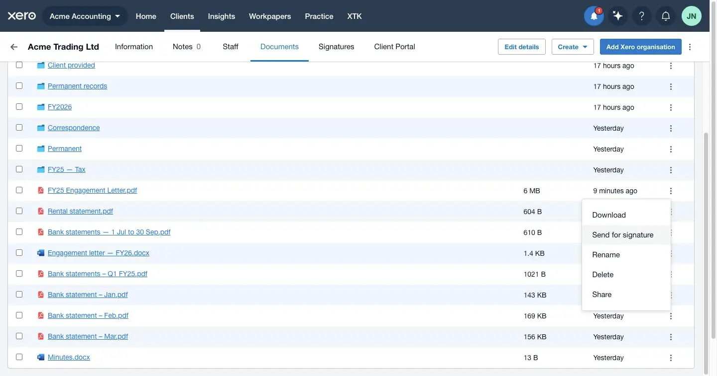 The row actions menu on a PDF in XTK's Documents tab in Xero Practice Manager, with Send for signature highlighted to start an e-signature request