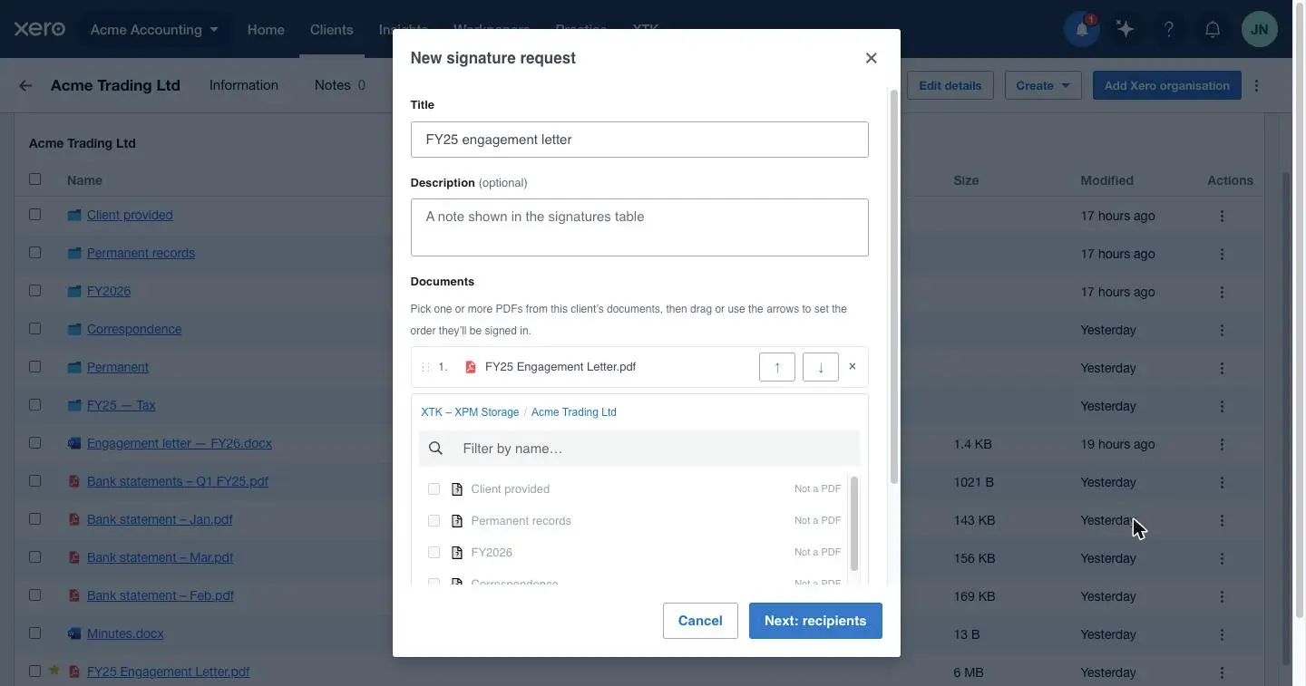 XTK's New signature request dialog in Xero Practice Manager showing the title and description fields above the client's PDFs ready to pick for e-signature