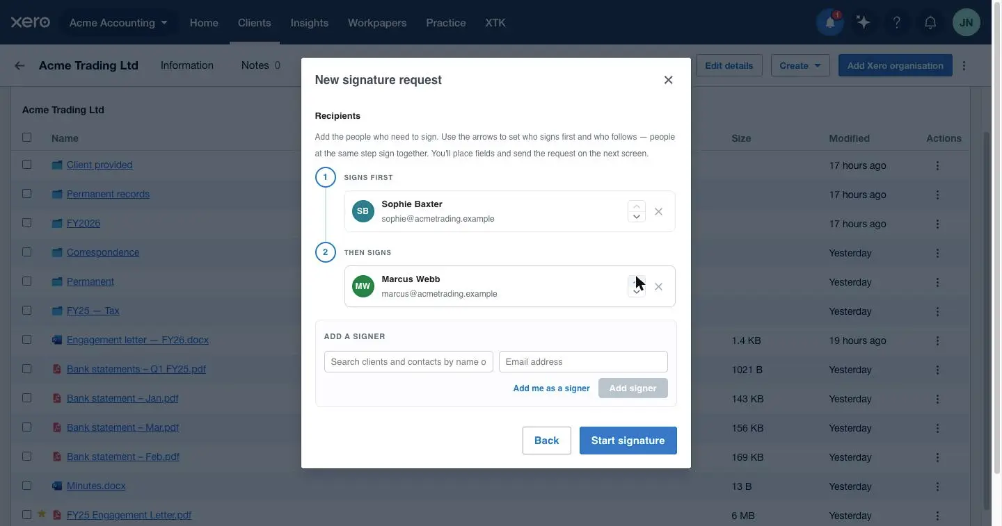 The recipients step of XTK's New signature request dialog, showing two colour-coded signers on separate signing steps with the add-a-signer search below