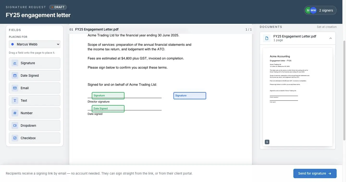 XTK's e-signature authoring page showing the field palette rail, the Placing for signer picker and colour-coded signature and date fields placed on a PDF