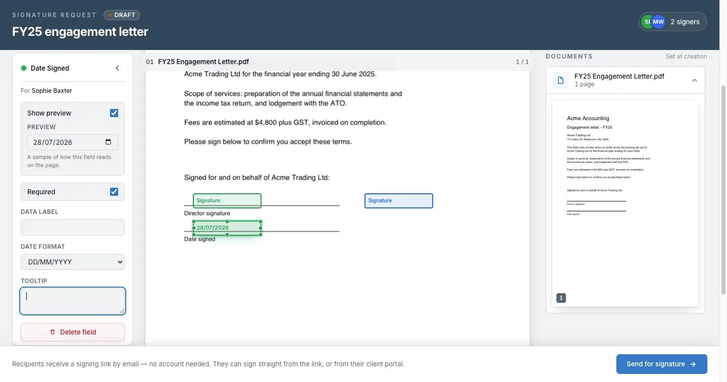 The per-field settings panel on XTK's e-signature authoring page with Required, Data label, Tooltip and a date format for a Date Signed field