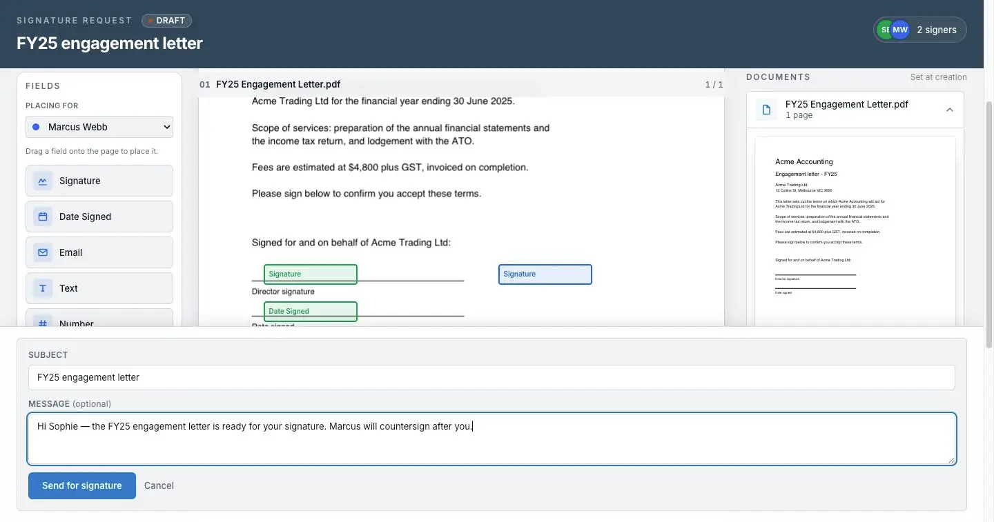 The send panel on XTK's e-signature authoring page with an editable subject and optional message above the Send for signature button
