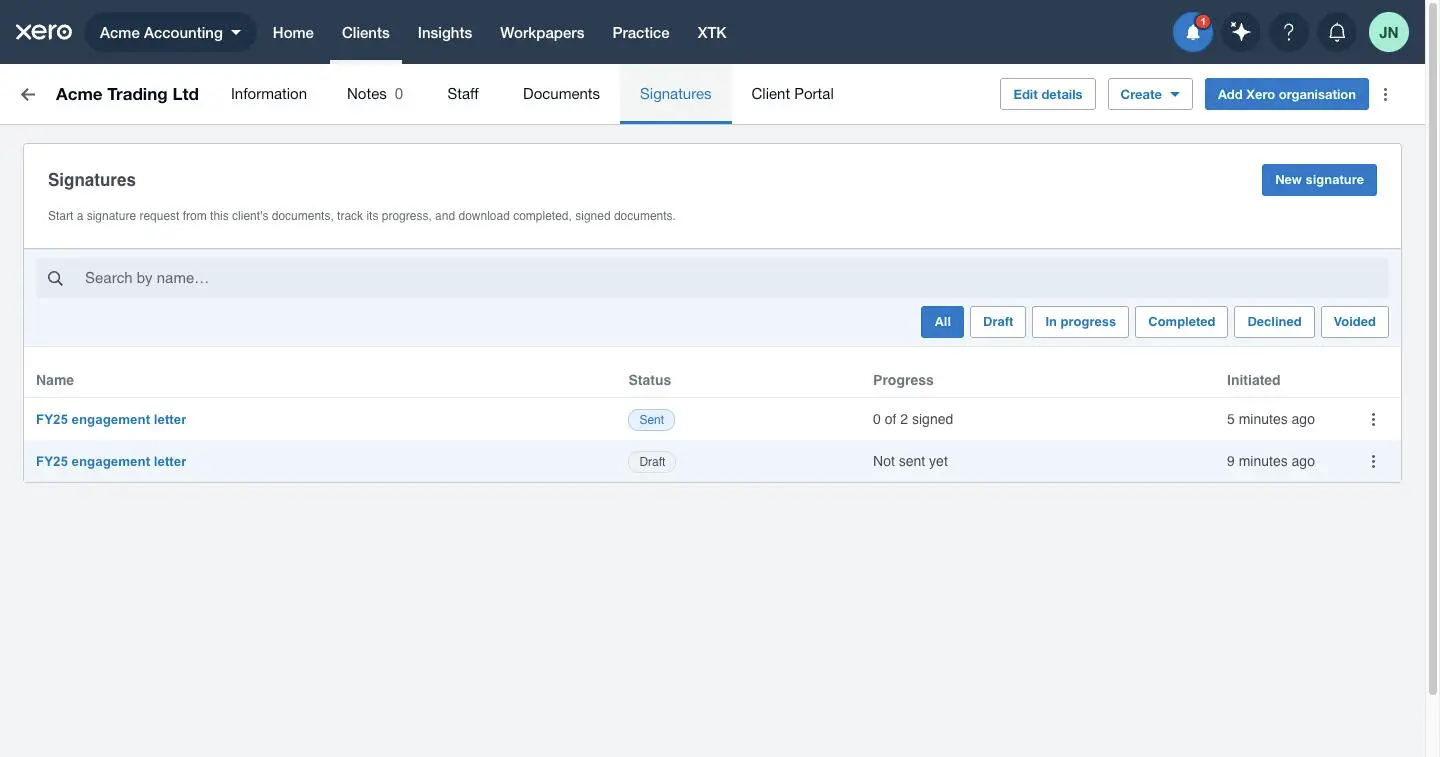 The Signatures tab in Xero Practice Manager listing a client's e-signature requests with status pills, signing progress and the status filter buttons