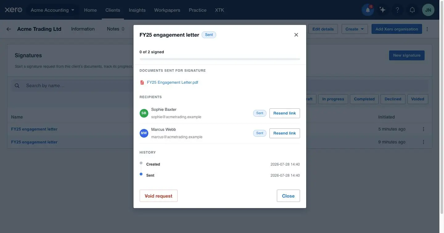 XTK's signature request Status dialog showing per-signer states, a Resend link button and the timestamped history behind the Certificate of Completion