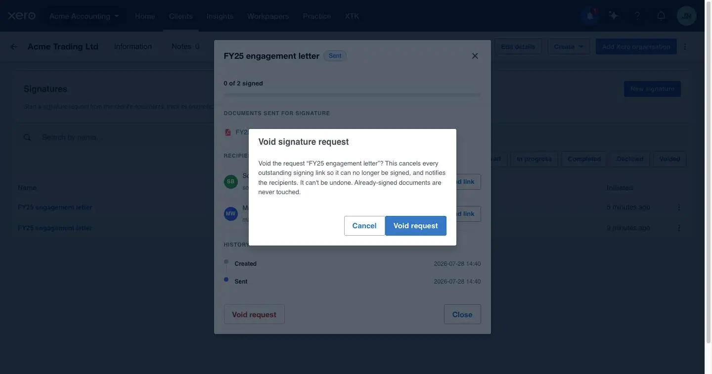 The Void signature request confirmation dialog in XTK, explaining that voiding cancels every outstanding signing link and notifies the recipients